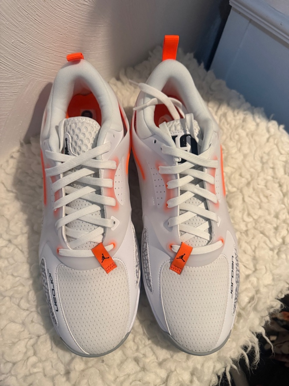 Kids White and Neon Orange Athletic Sneakers
